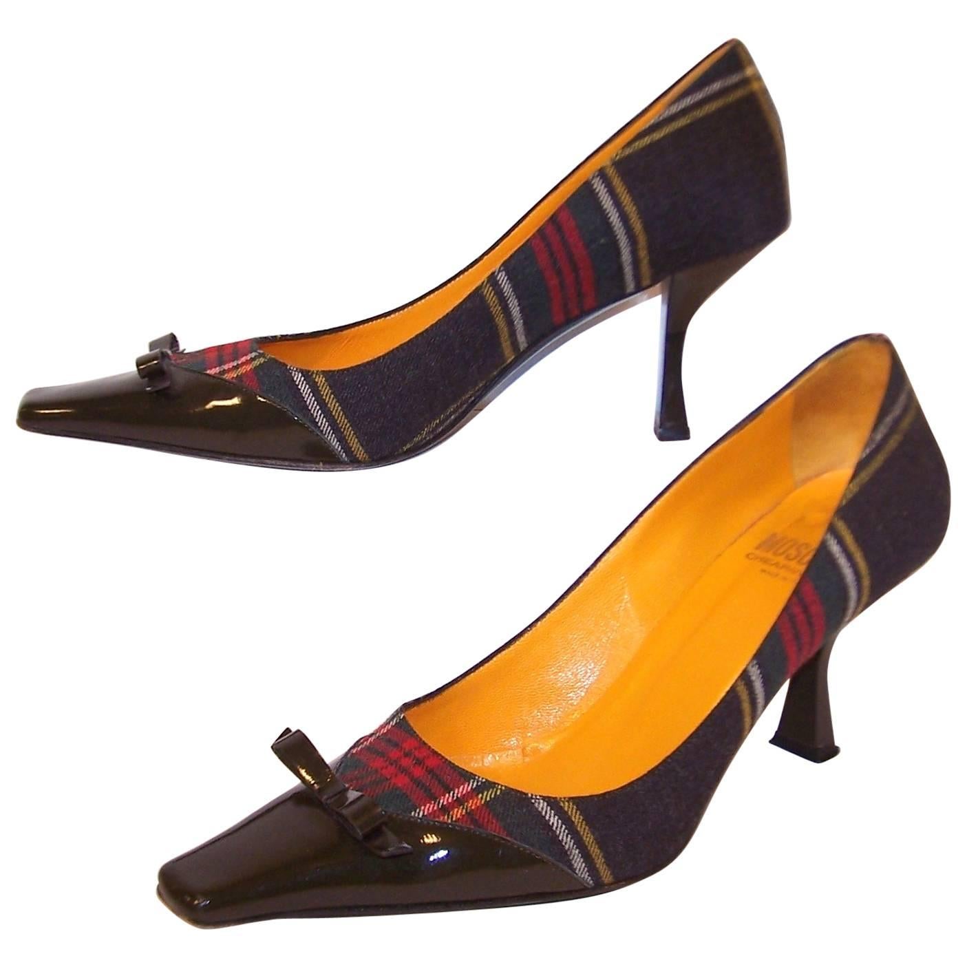 Mad For Plaid 1990's Moschino Wool Pumps With Gray Patent Leather Details