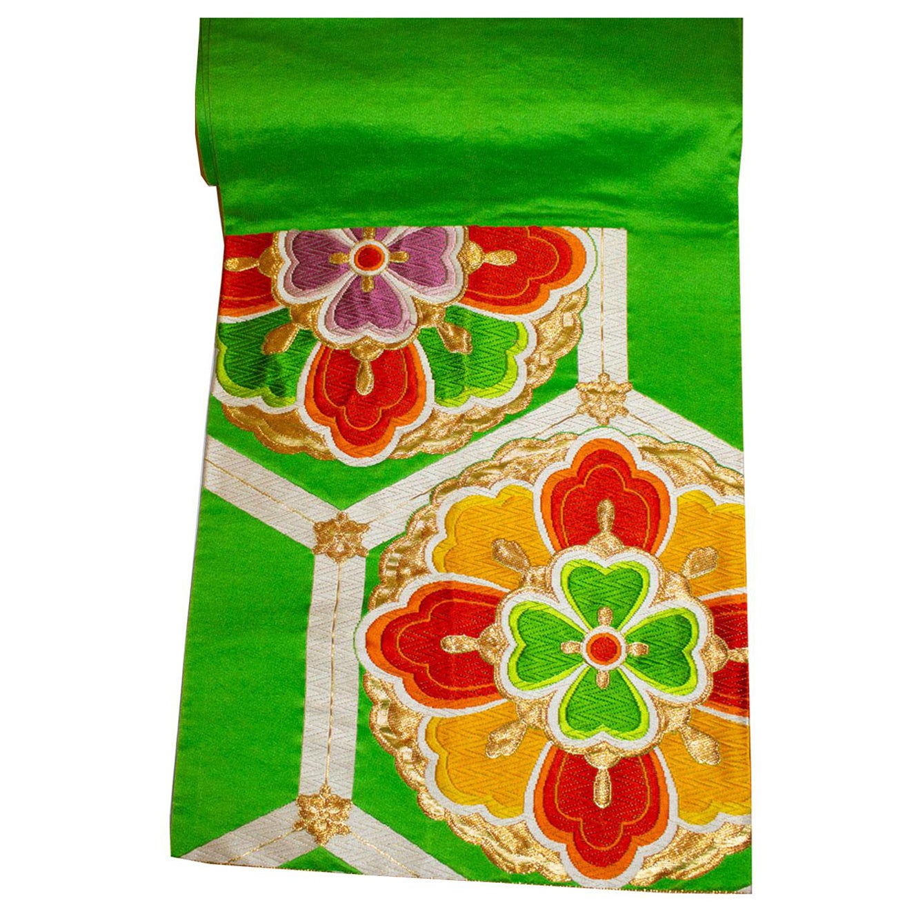 Grüner, lila und orangefarbener Obi-Gürtel mit sechseckigem Design