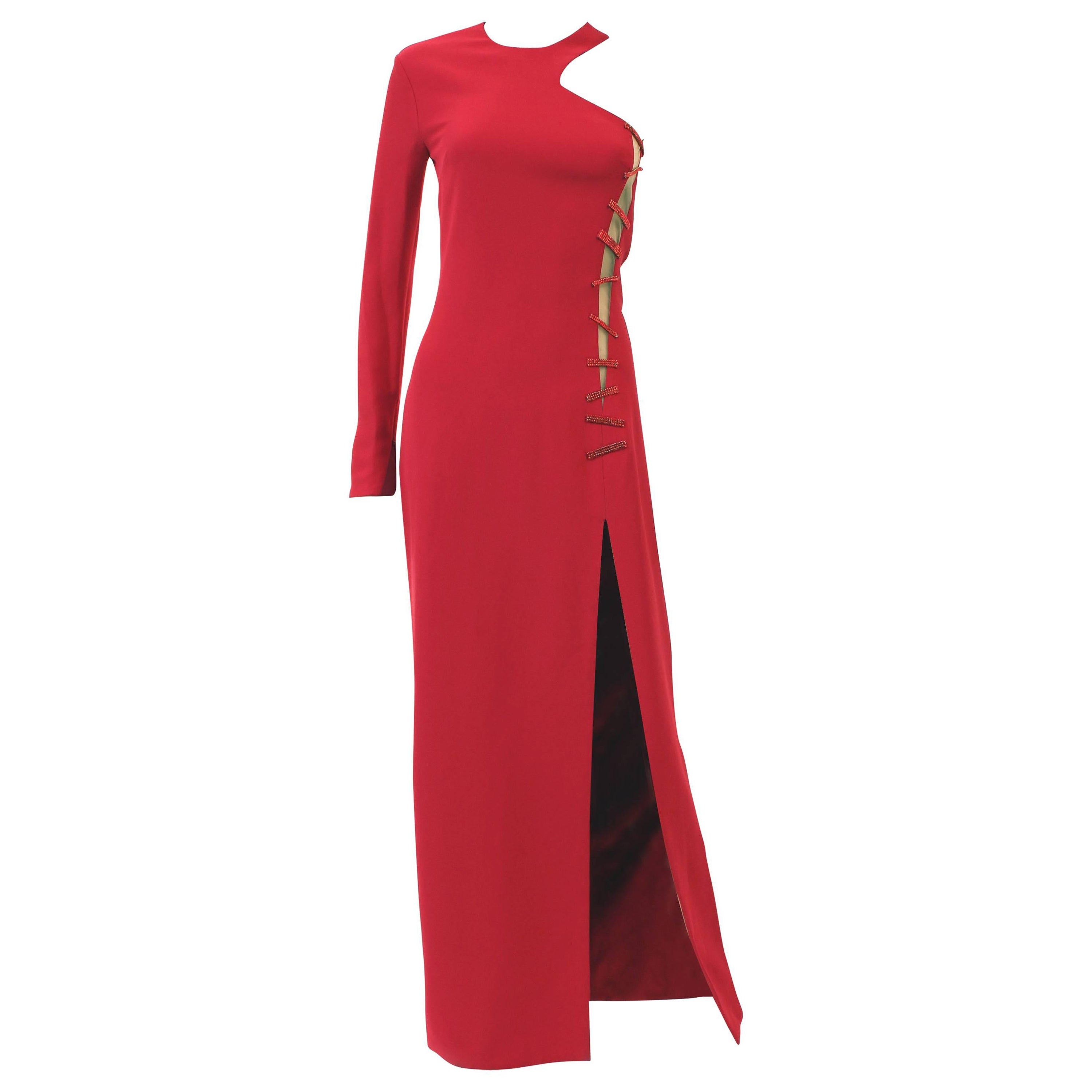 2015 VERSACE RED CRYSTAL-EMBELLISHED SILK GOWN AS SEEN ON RACHEL & JANE Sz 38-2 For Sale