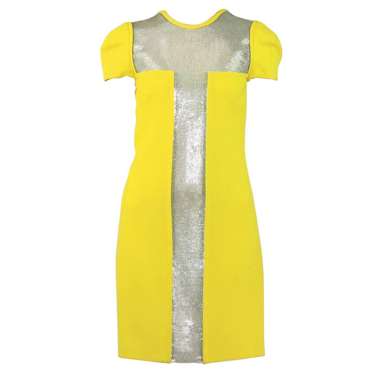 F/2012 look # 21 NEW VERSACE YELLOW DRESS with METAL CHAIN MESH 38 - 2 For Sale