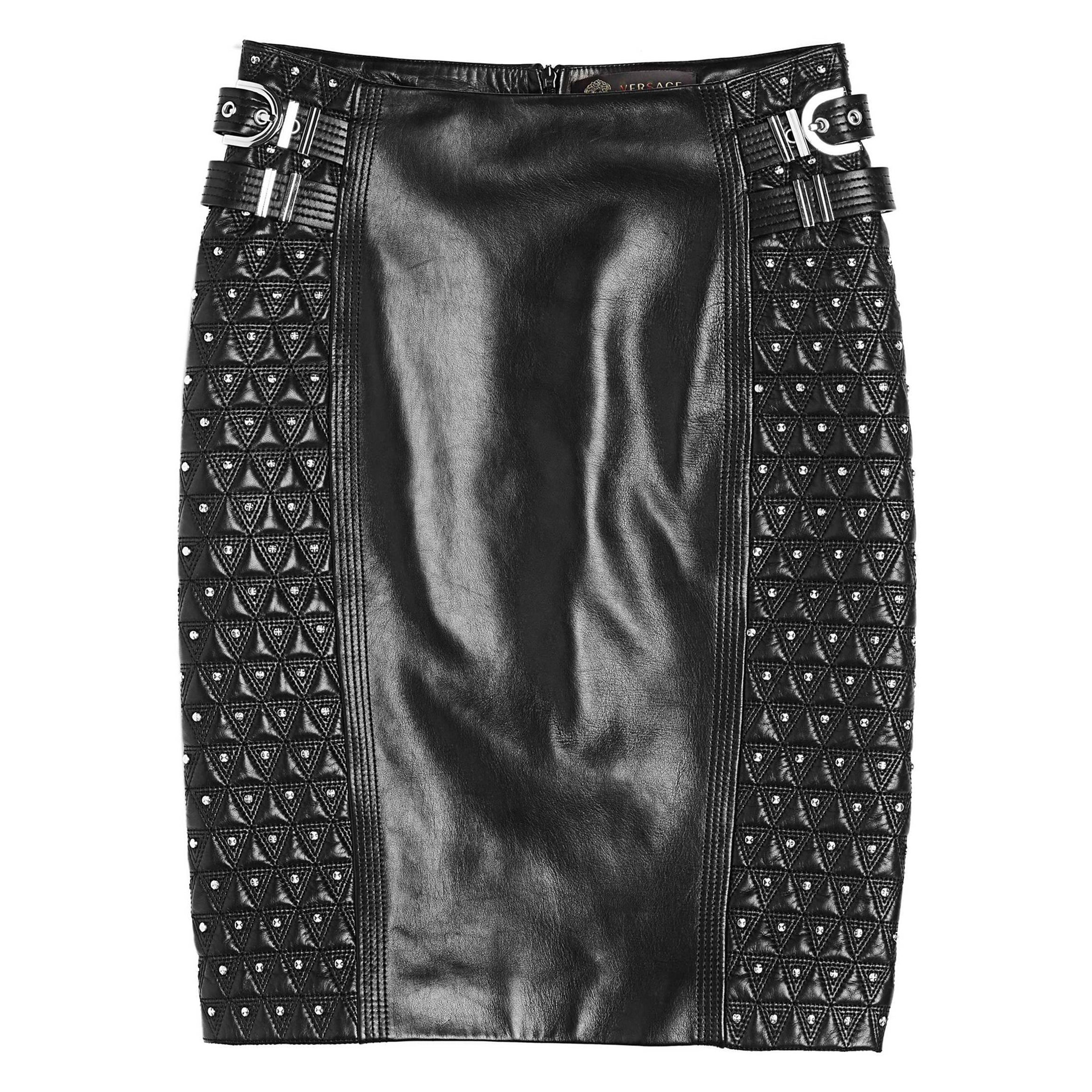 F/W 2013 L# 28 VERSACE STUDDED BLACK LEATHER MOTO PENCIL SKIRT Sz IT 38 and 40  For Sale
