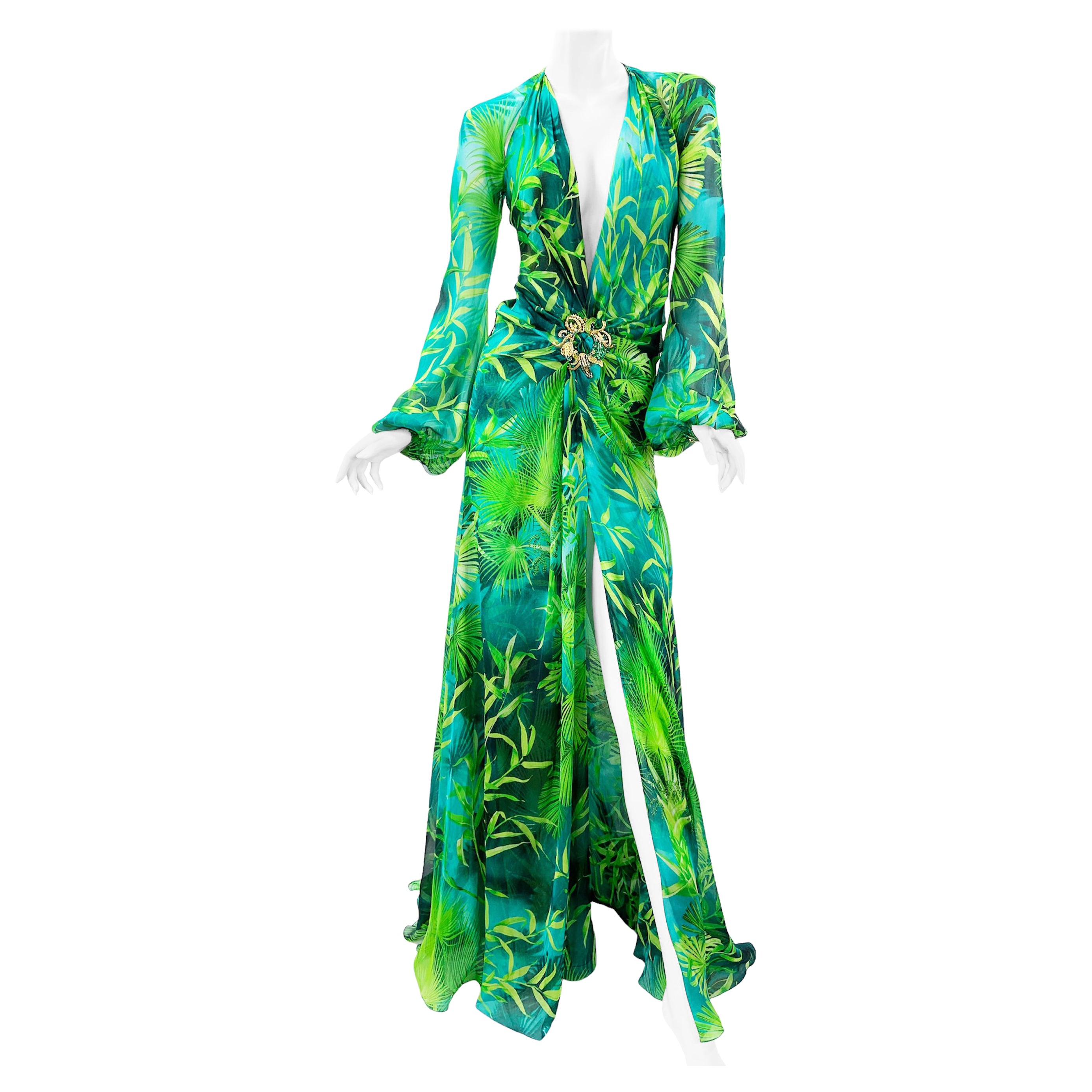 New Iconic Versace Jungle Print Plunge Neck Silk Maxi Dress Italian 38 ...