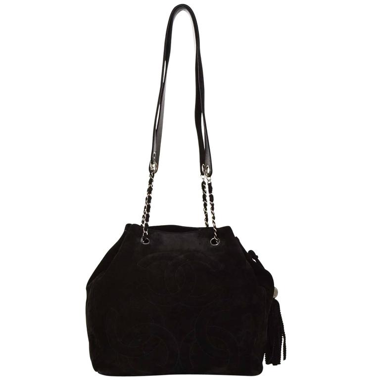 Chanel '90s Vintage Black Suede CC Tote Bag w/ Tassel For Sale at 1stDibs