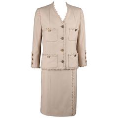 CHANEL c.1980's Haute Couture Numbered Beige Wool Jacket Skirt Suit Custom Fit 7