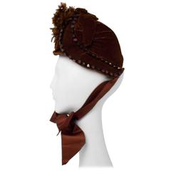 Victorian Brown Velvet Bonnet with Feathers. 