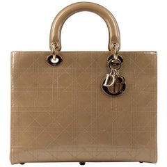 CHRISTIAN DIOR "Lady" Sand / Beige Patent Leather Handbag Tote Purse + Strap