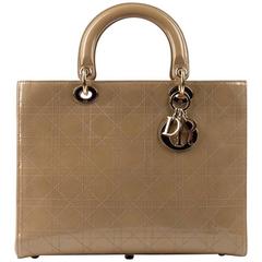 CHRISTIAN DIOR "Lady" Sand / Beige Patent Leather Handbag Tote Purse + Strap 10