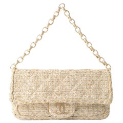 Chanel Around 2007 Made Tweed Cc Mark Plate Chain Shoulder Bag Beige/Silver/Gold