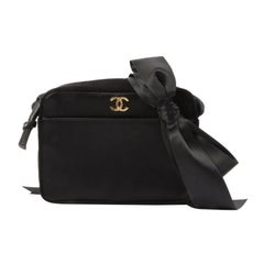 Chanel Around 2005 Made Silk Satin Cc Mark Plate Ribbon Shoulder Bag Black