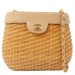 Vintage Chanel Around 1998 Made Rattan Turn-Lock Basket Chain Bag Beige