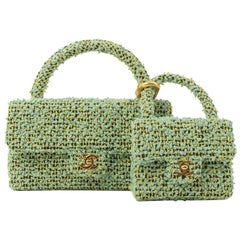 Chanel Around 1993 Made Tweed Flap Top Handle Bag with Micro Bag Apple Green