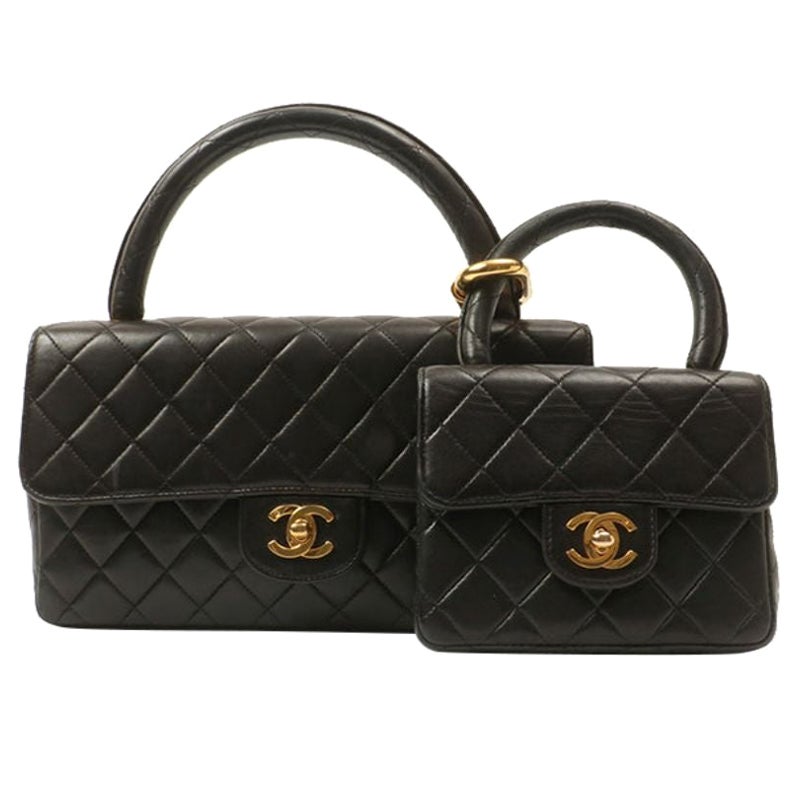 Chanel Around 1992 Made Classic Flap Handbag with Micro Bag Black For Sale