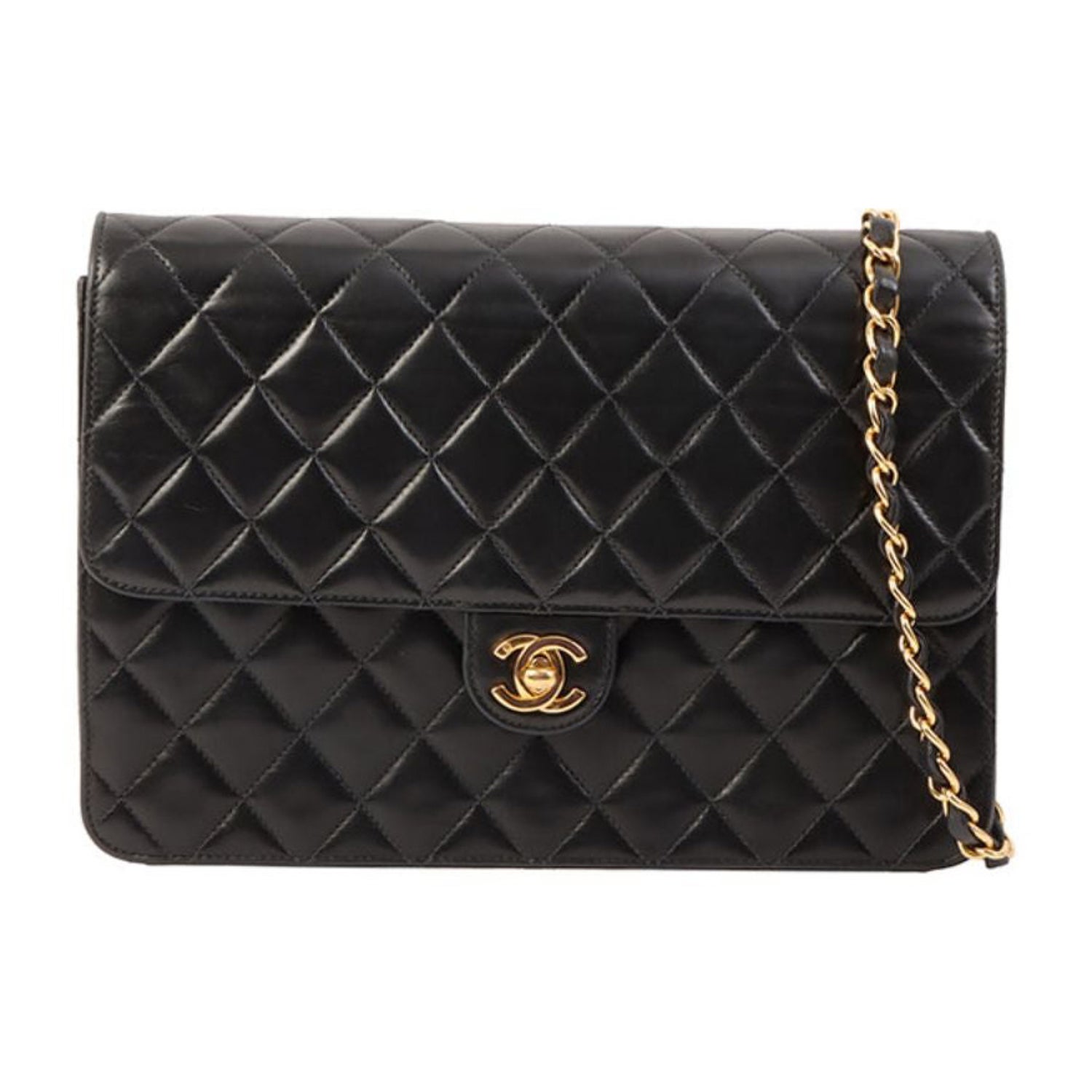 Chanel Around 1990 Made Design Flap Logo Turn Lock Chain Bag Black For Sale  at 1stDibs