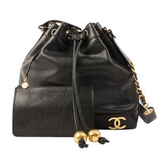 Vintage Chanel Around 1995 Made Caviar Skin 6Cc Mark Plate Drawstring Shoulder Bag Black