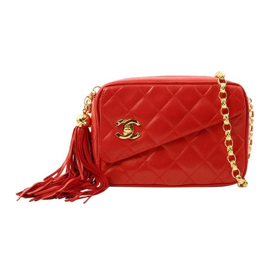Chanel Around 1992 Made TurnLock Fringe Bijoux Chain Bag Red For Sale