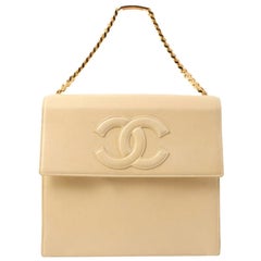Chanel Around 1997 Made Cc Mark Stitch Logo Chain Top Handle Bag Beige
