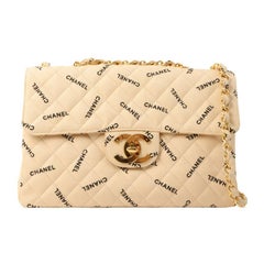 Chanel Around 1995 Made Canvas Logo Print Classic Flap Chain Bag Maxi Beige