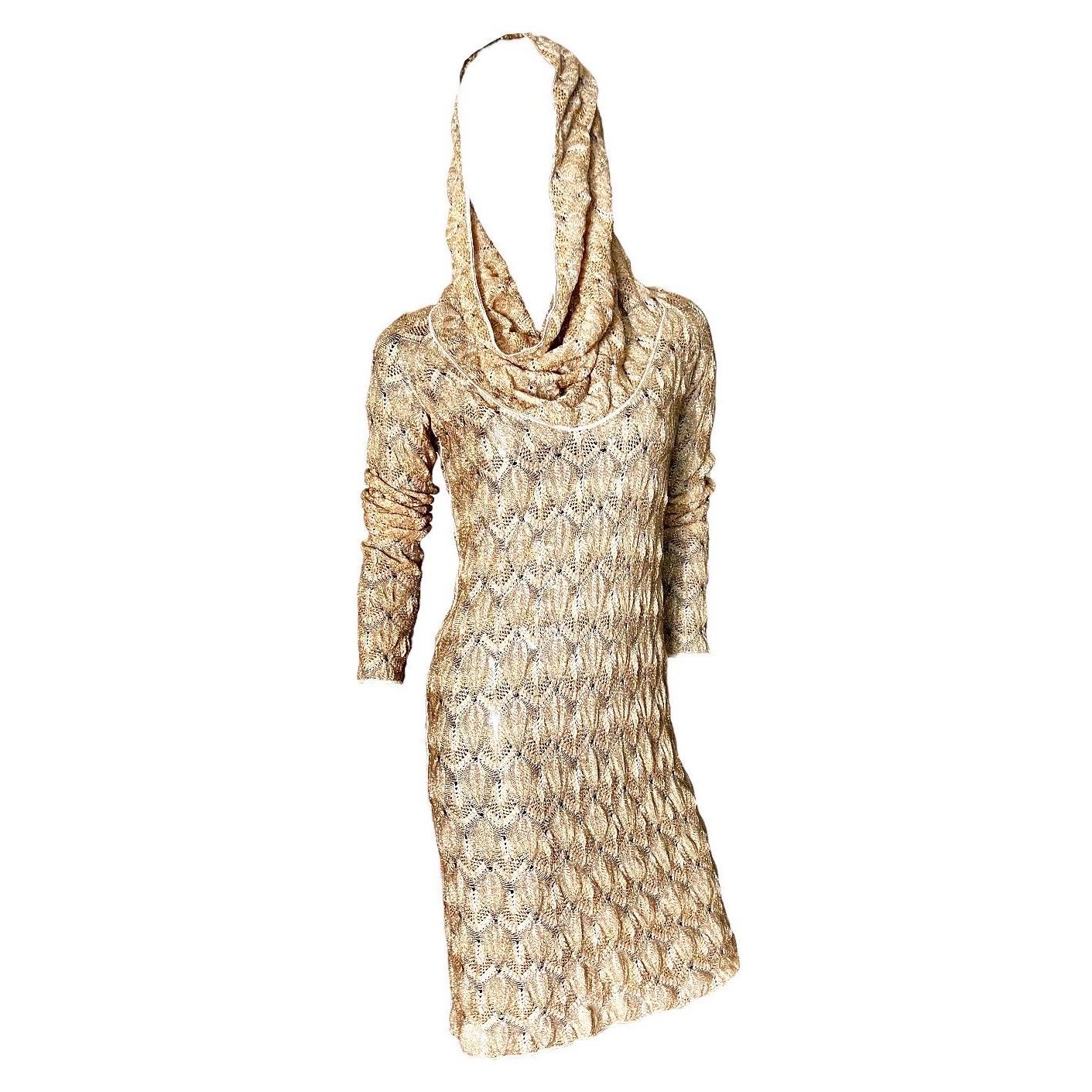 NEW Missoni Gold Metallic Crochet Knit Hooded Shawl Dress 38 For Sale