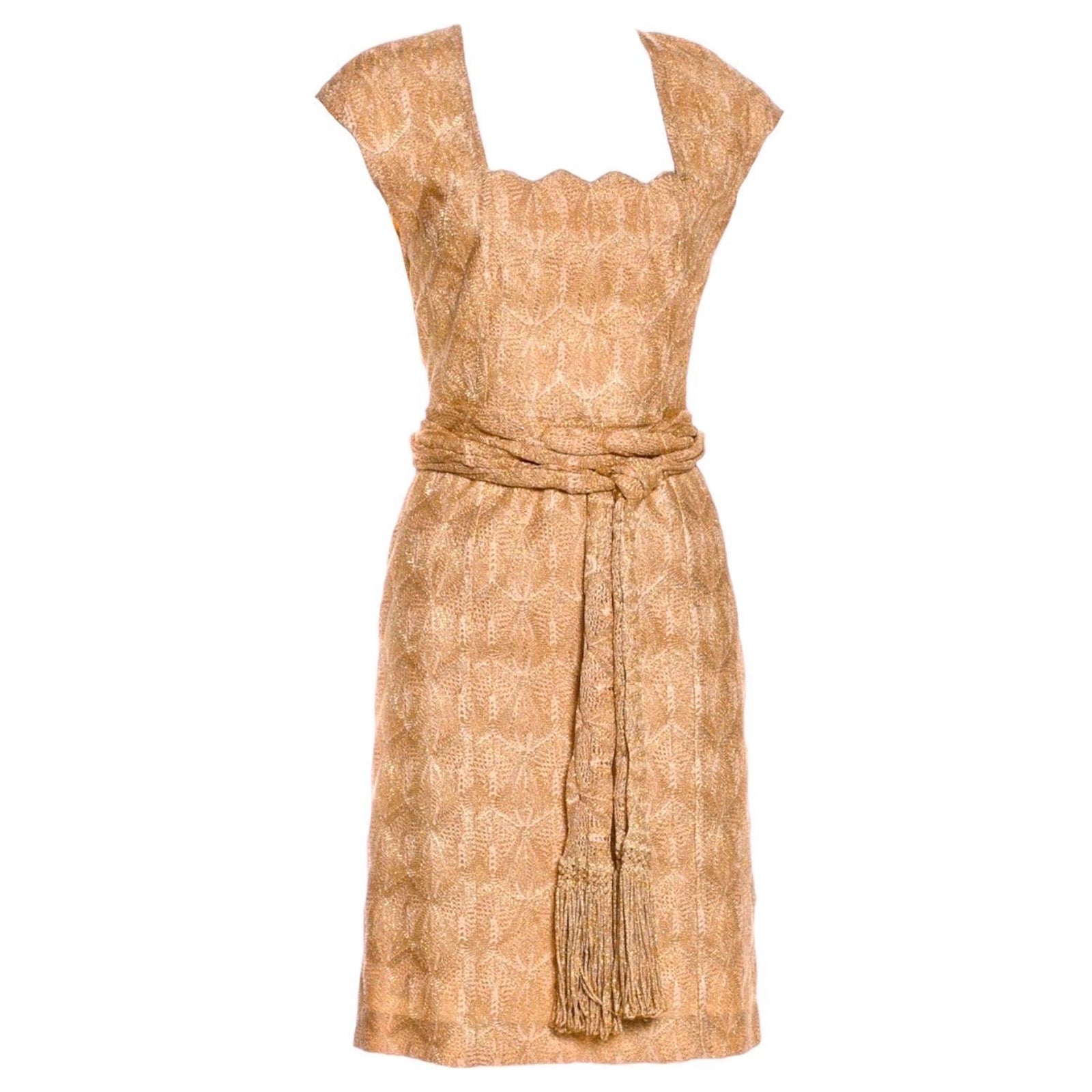 NEW Missoni Gold Metallic Crochet Knit & Fringe Belt/Scarf Dress 40 For Sale