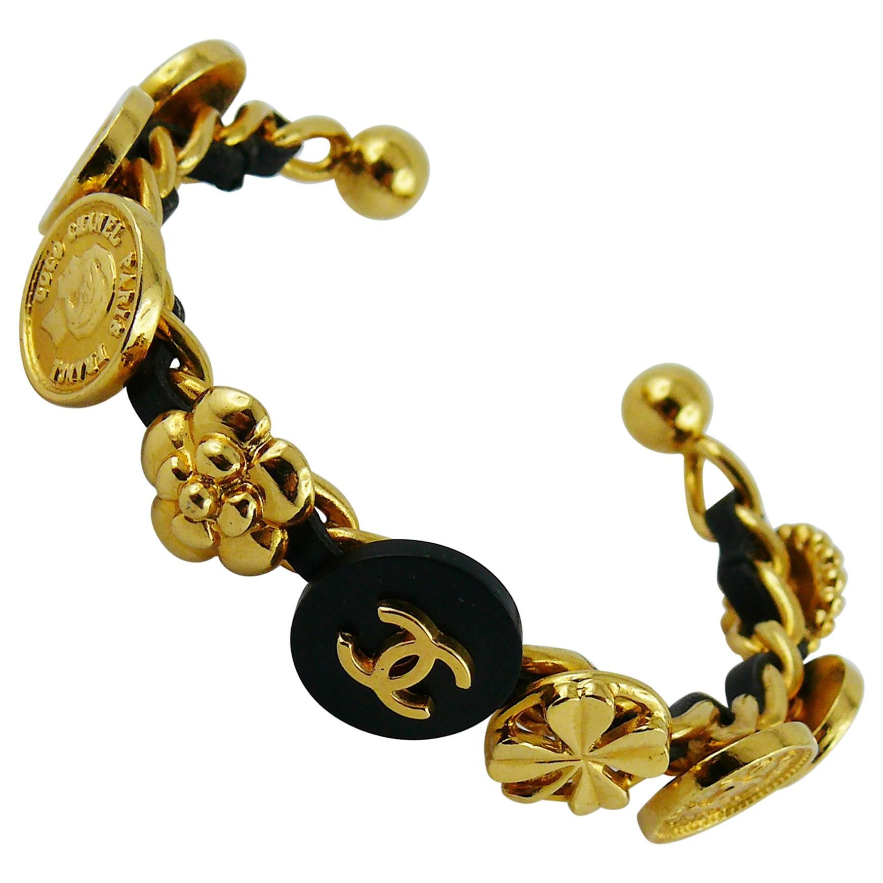 Chanel Vintage Rare Interwoven Gold Chain & Black Leather Coin Rigid Bracelet