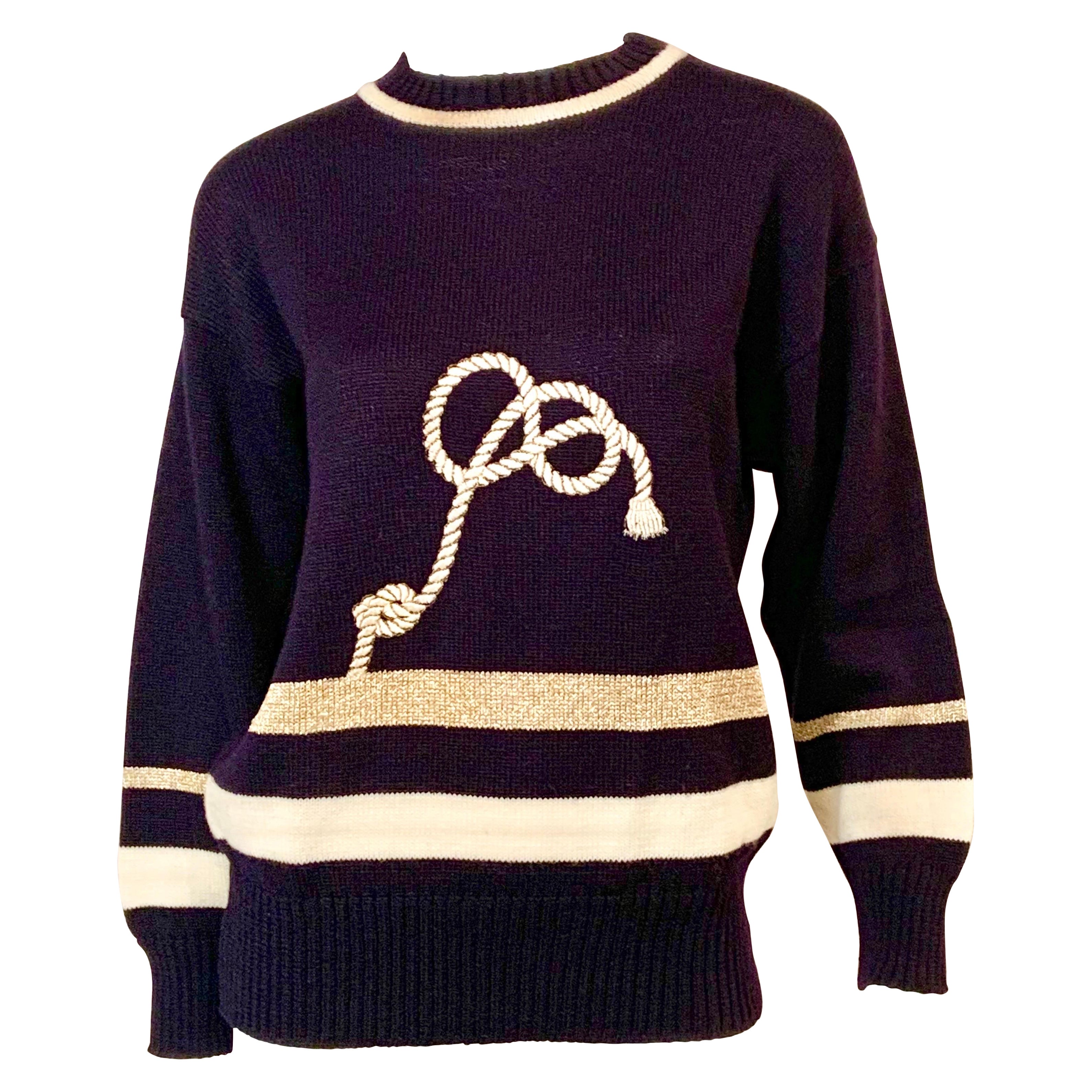 Nautischer marineblauer Pullover von Guy Laroche mit weißen und Metallic-Gold-Akzenten im Angebot