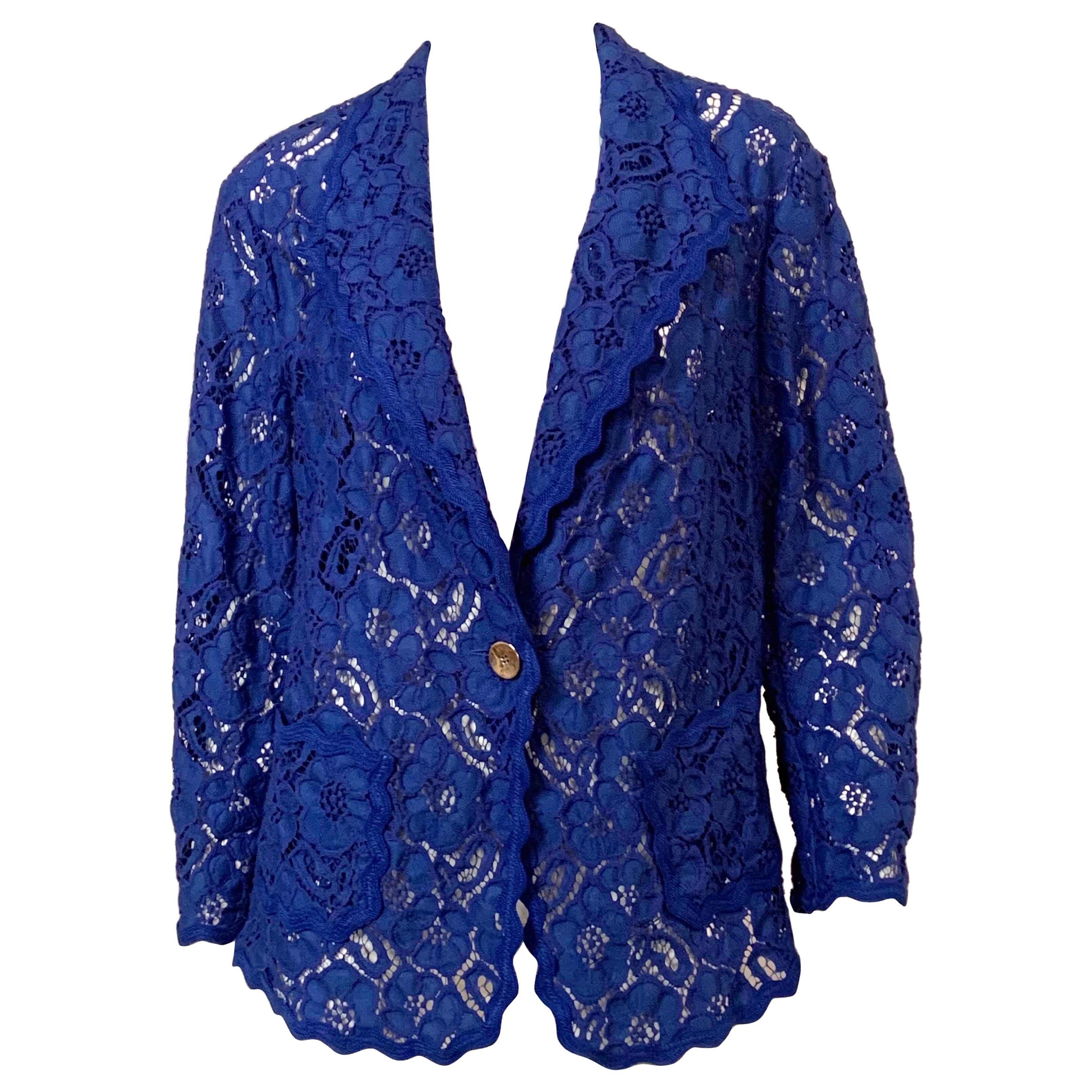 Escada Unlined Blue Lace Jacket in a Larger Size For Sale