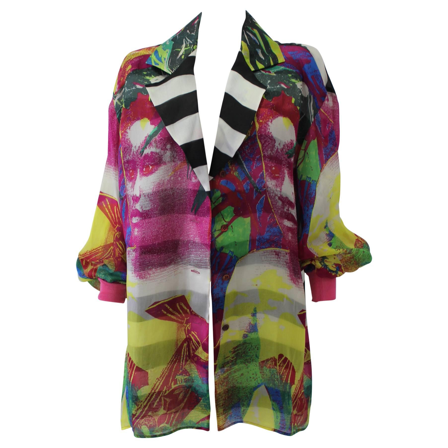 Superlative Gianfranco Ferre Floral Stripe Impressions Long Silk Shirt For Sale