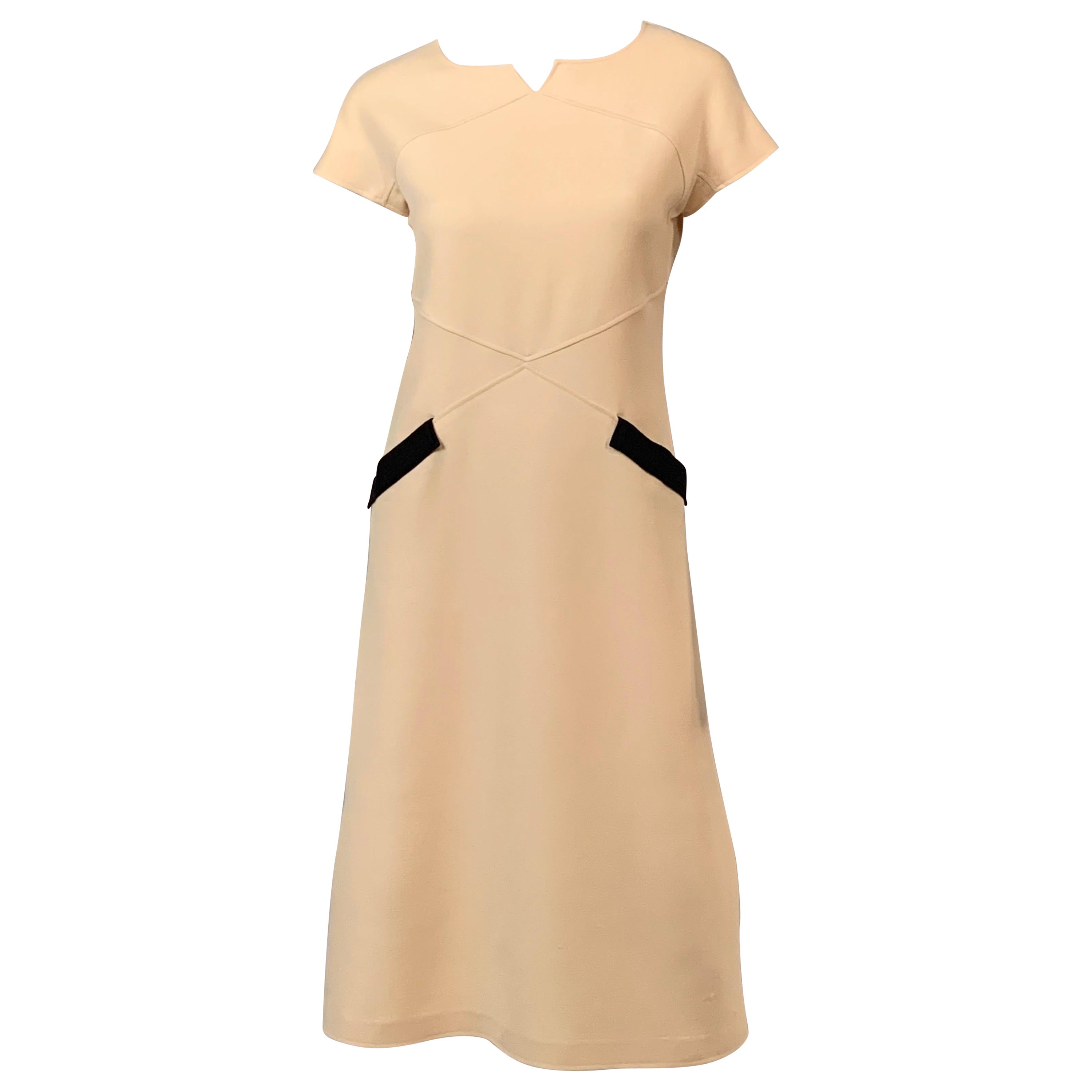 1960's Courreges Winter White Wool Dress with Black Pocket Trim For Sale