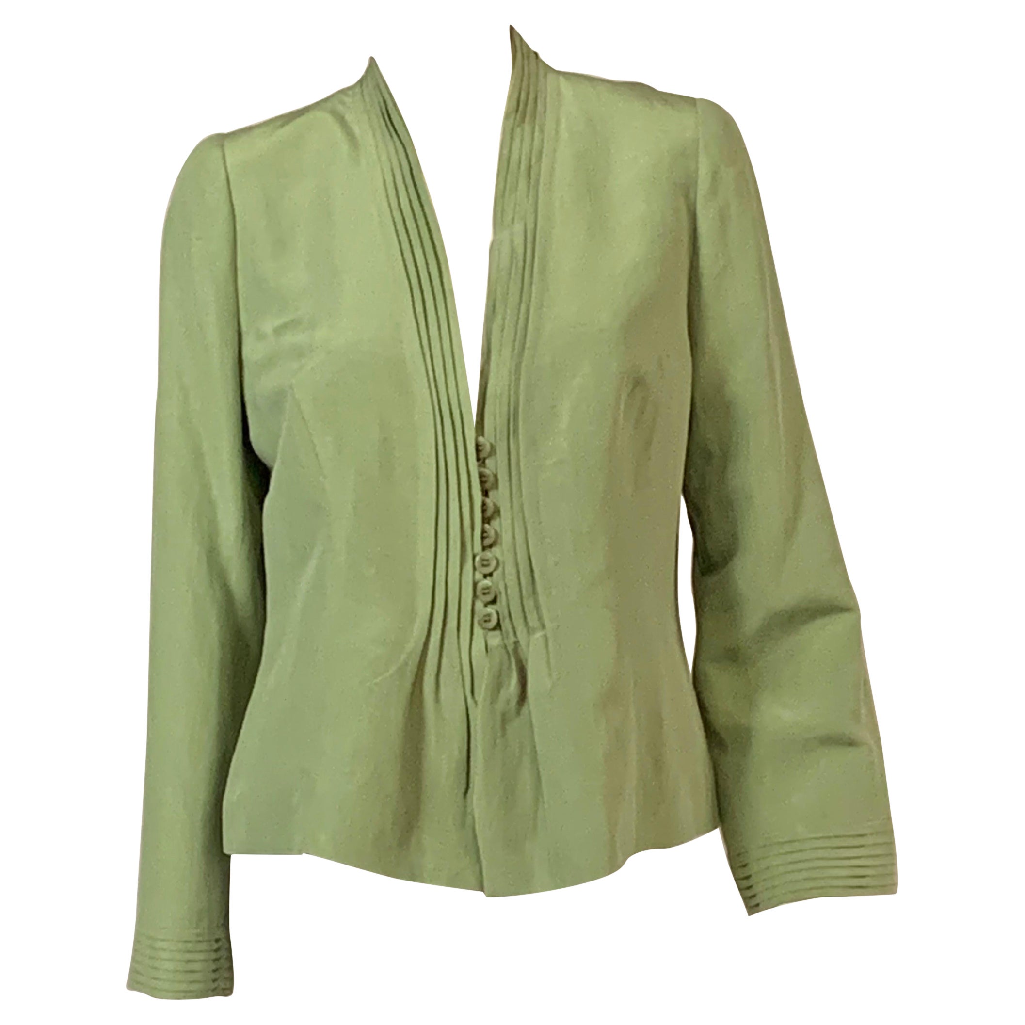 Armani Green Linen and Silk Blend Jacket with Pleated Collar and Cuffs For Sale