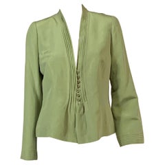 Armani Green Linen and Silk Blend Jacket with Pleated Collar and Cuffs