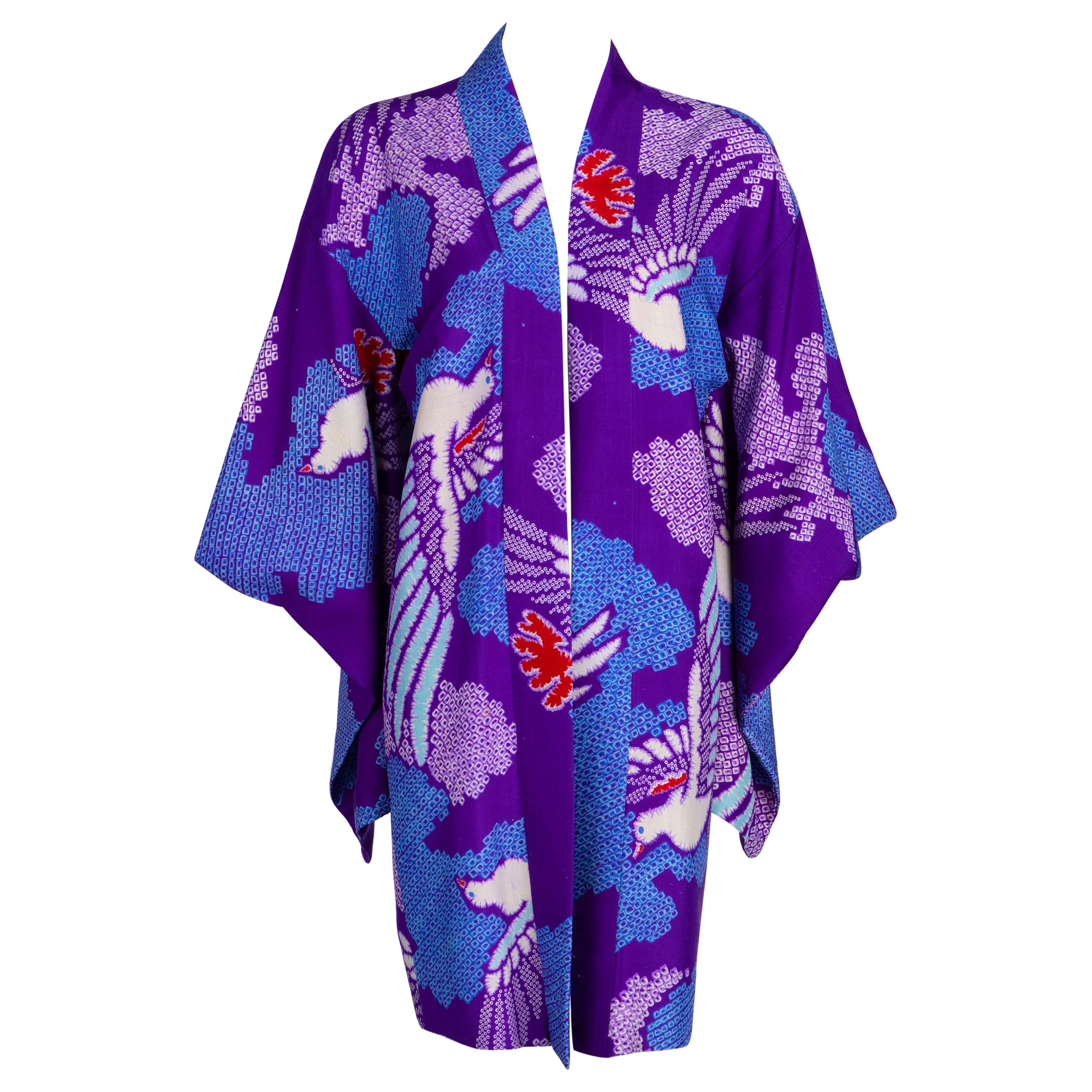 Vintage Japanese Purple Blue Bird Kimono Jacket For Sale