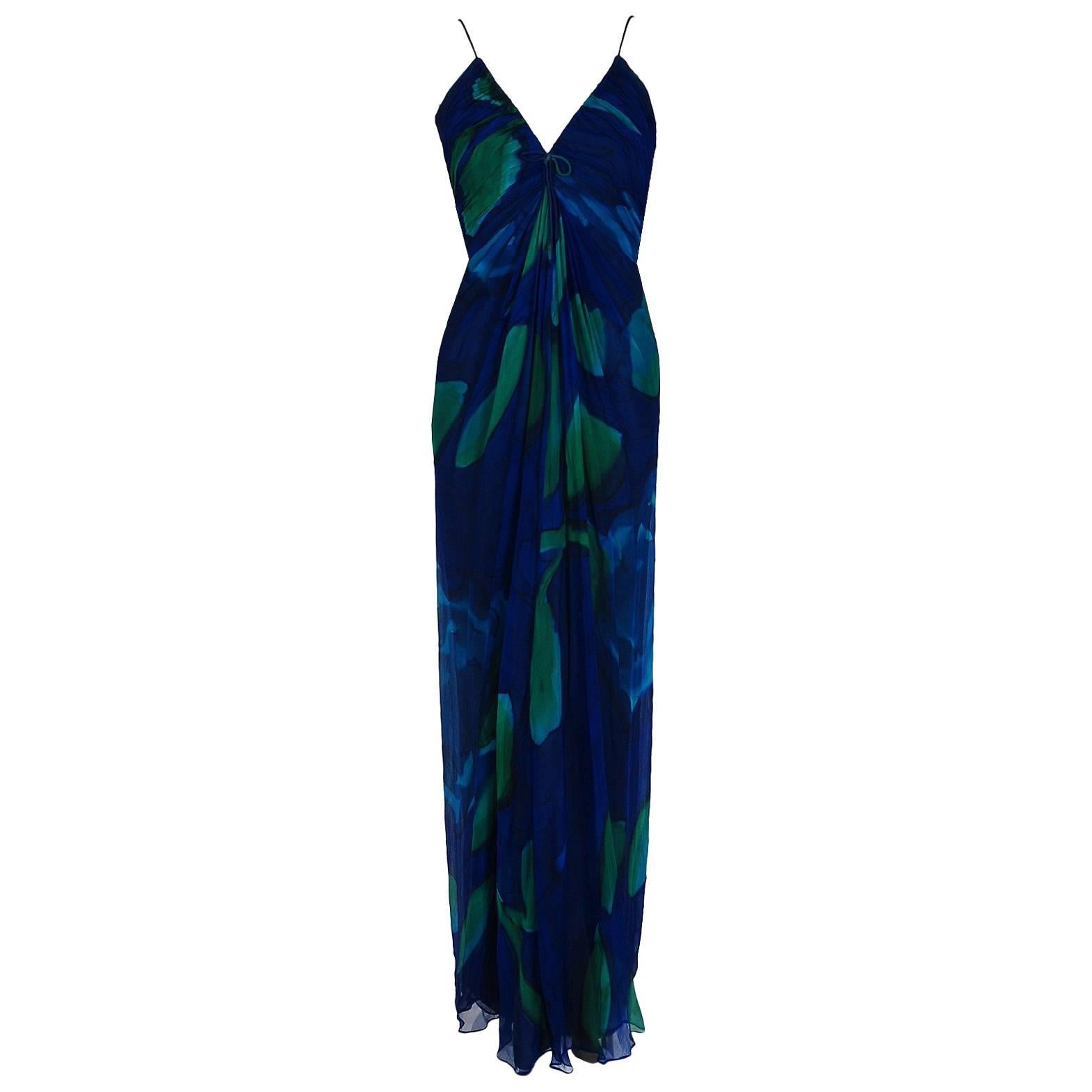 1970's Rappi Watercolor Blue Green Abstract Print Silk Ruched Goddess Maxi Dress