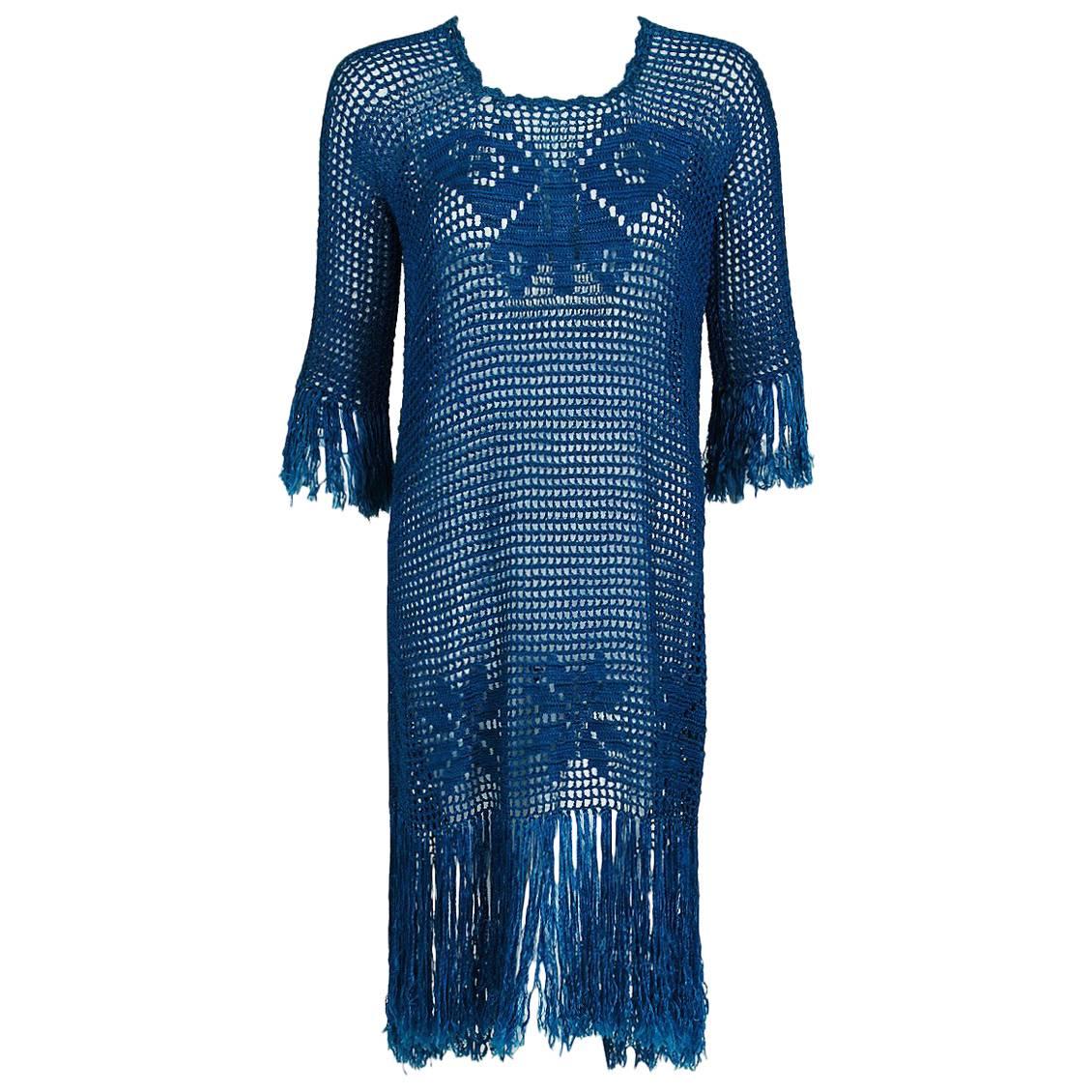 1920's Turquoise-Blue Crochet Silk-Knit Novelty Butterfly Fringe Flapper Dress