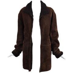 Vintage Hermes Brown Suede Shearling Long Zip Coat Size 48