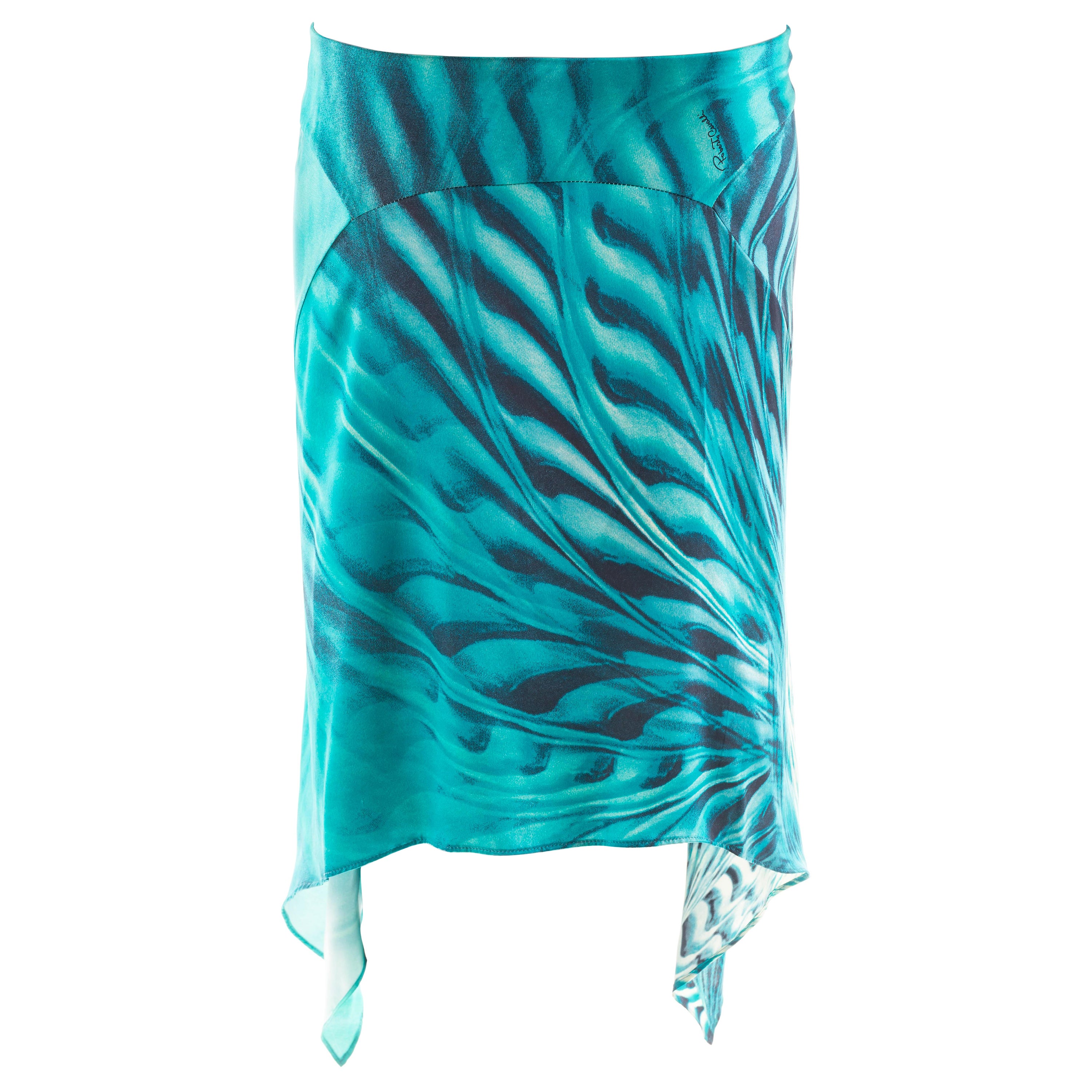 Roberto Cavalli S/S 2001 blue asymmetrical “Peacock” print skirt For Sale