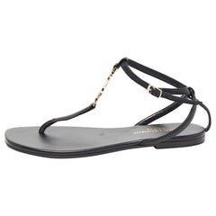 Saint Laurent Black Leather Logo T Bar Ankle Strap Flat Sandals Size 35