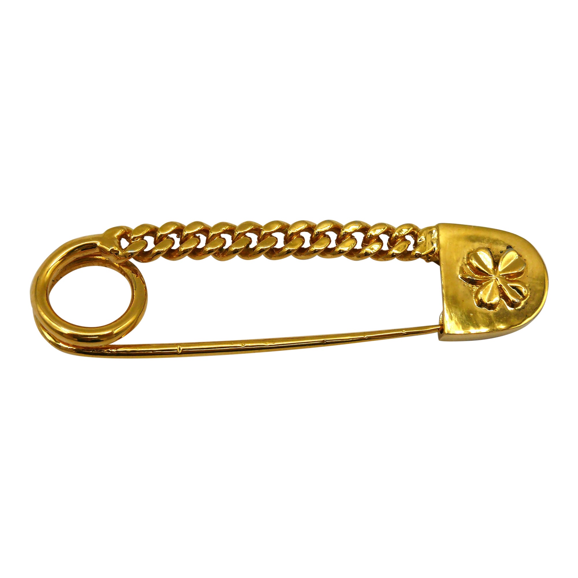 Chanel Vintage Massive Gold Tone Chain & Clover Safety Pin Brooch
