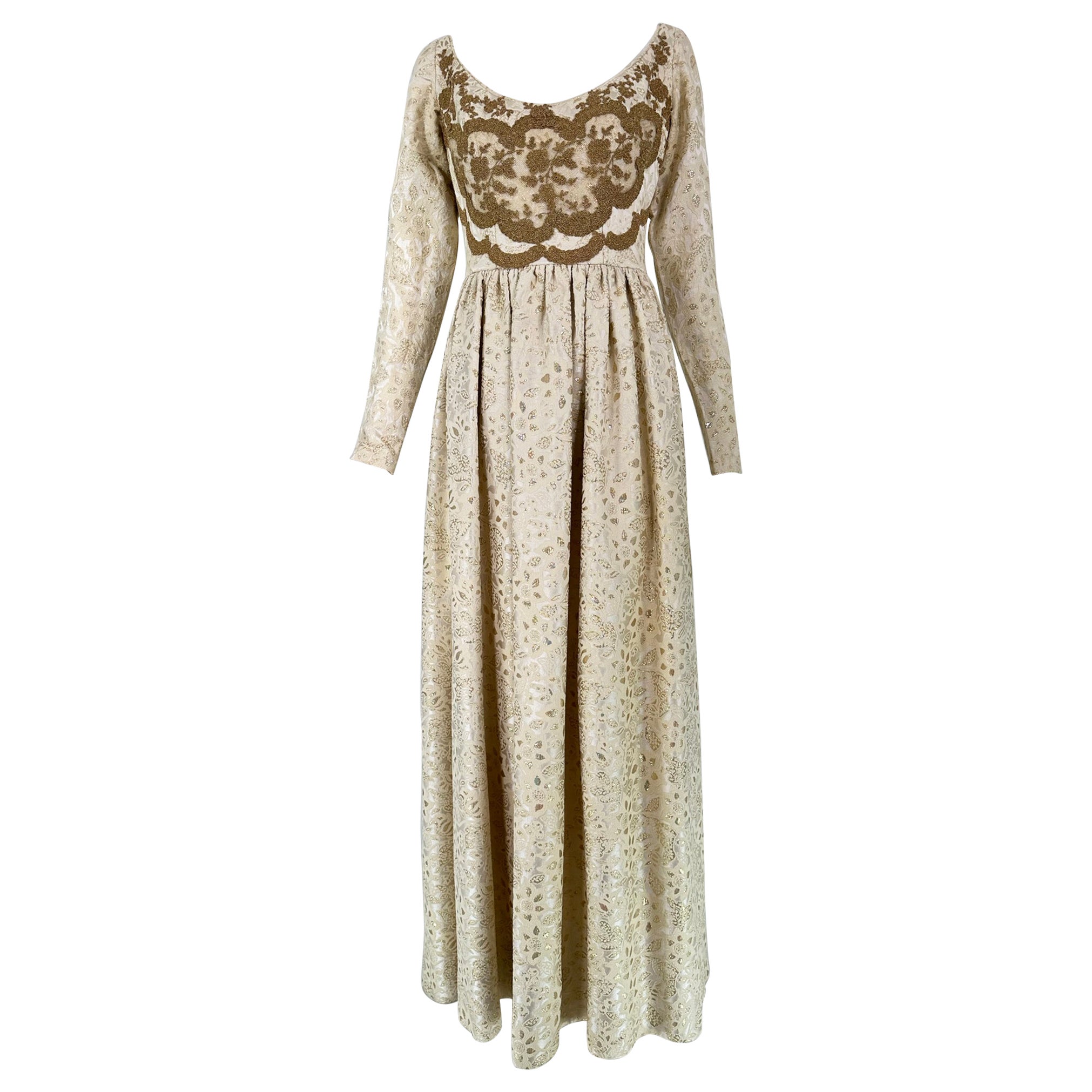 Galitizne Couture Renaissance Style Gown in Cream & Gold Metallic Brocade 1970s For Sale