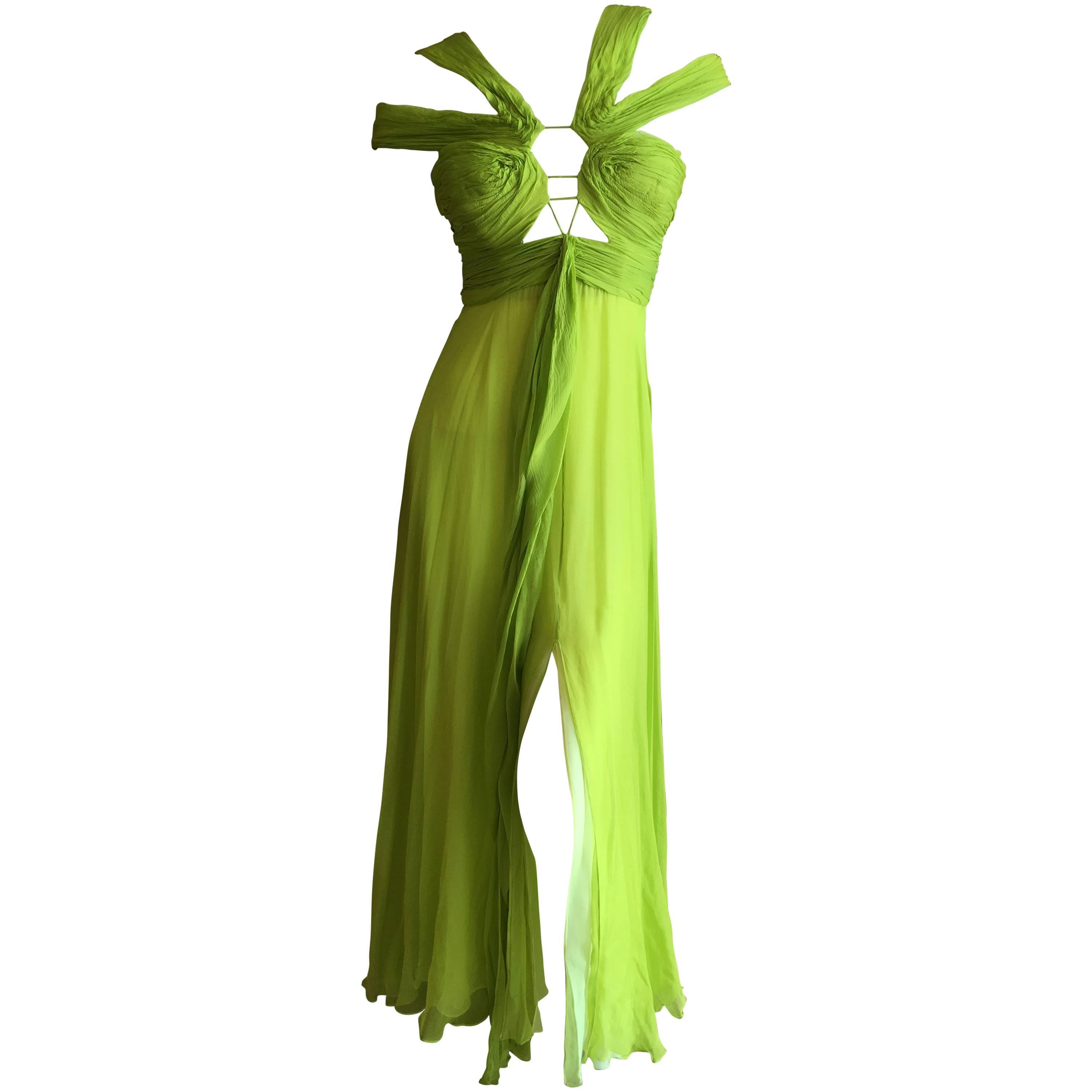 Ungaro by Peter Dundas Neon Green Silk Chiffon Evening Dress For Sale