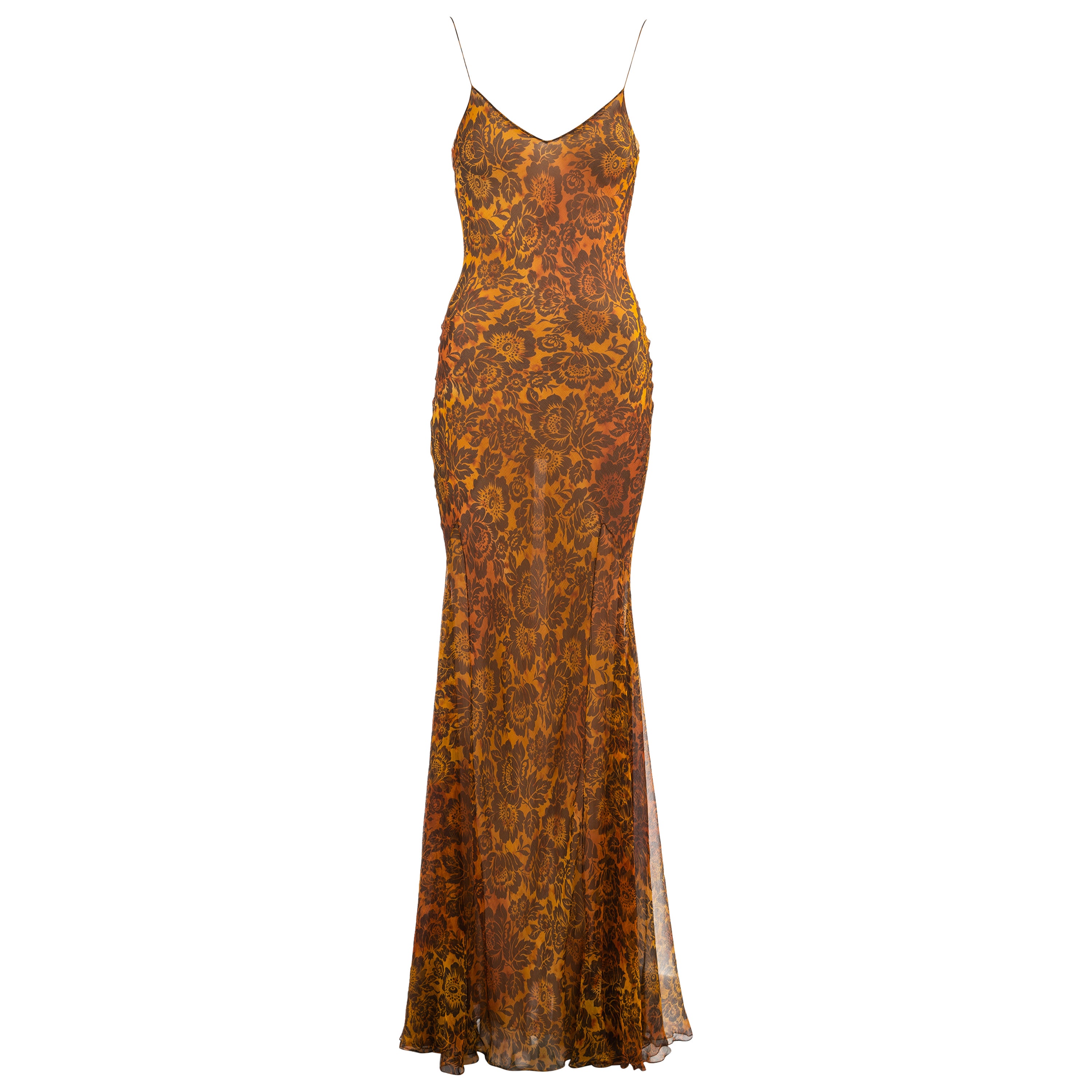 John Galliano floral burnt orange bias-cut silk evening dress, ss 1999 For Sale