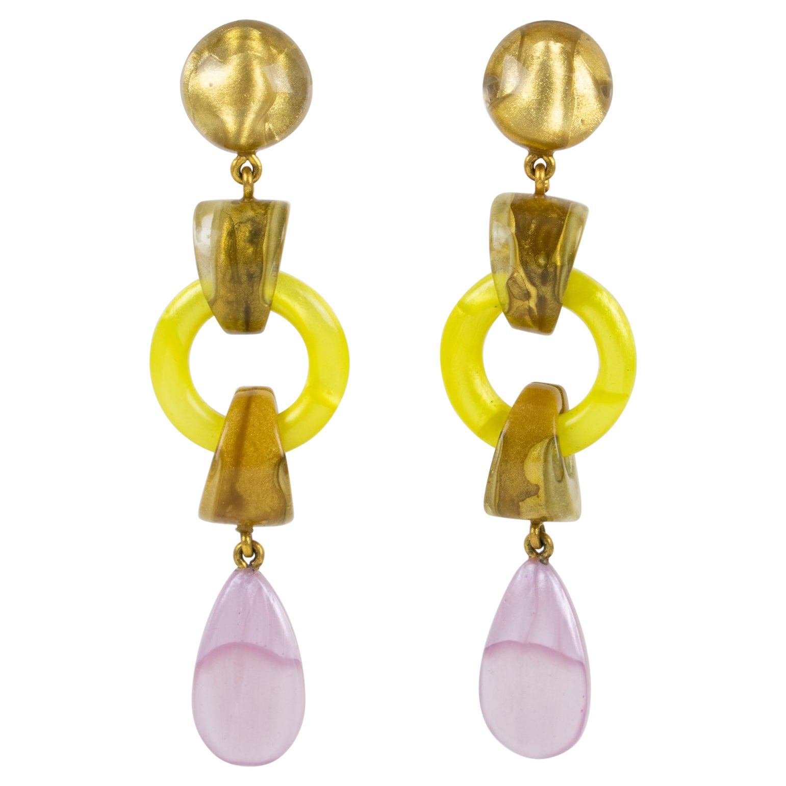 Dominique Denaive Paris Gold, Lavender and Yellow Resin Dangle Clip Earrings For Sale