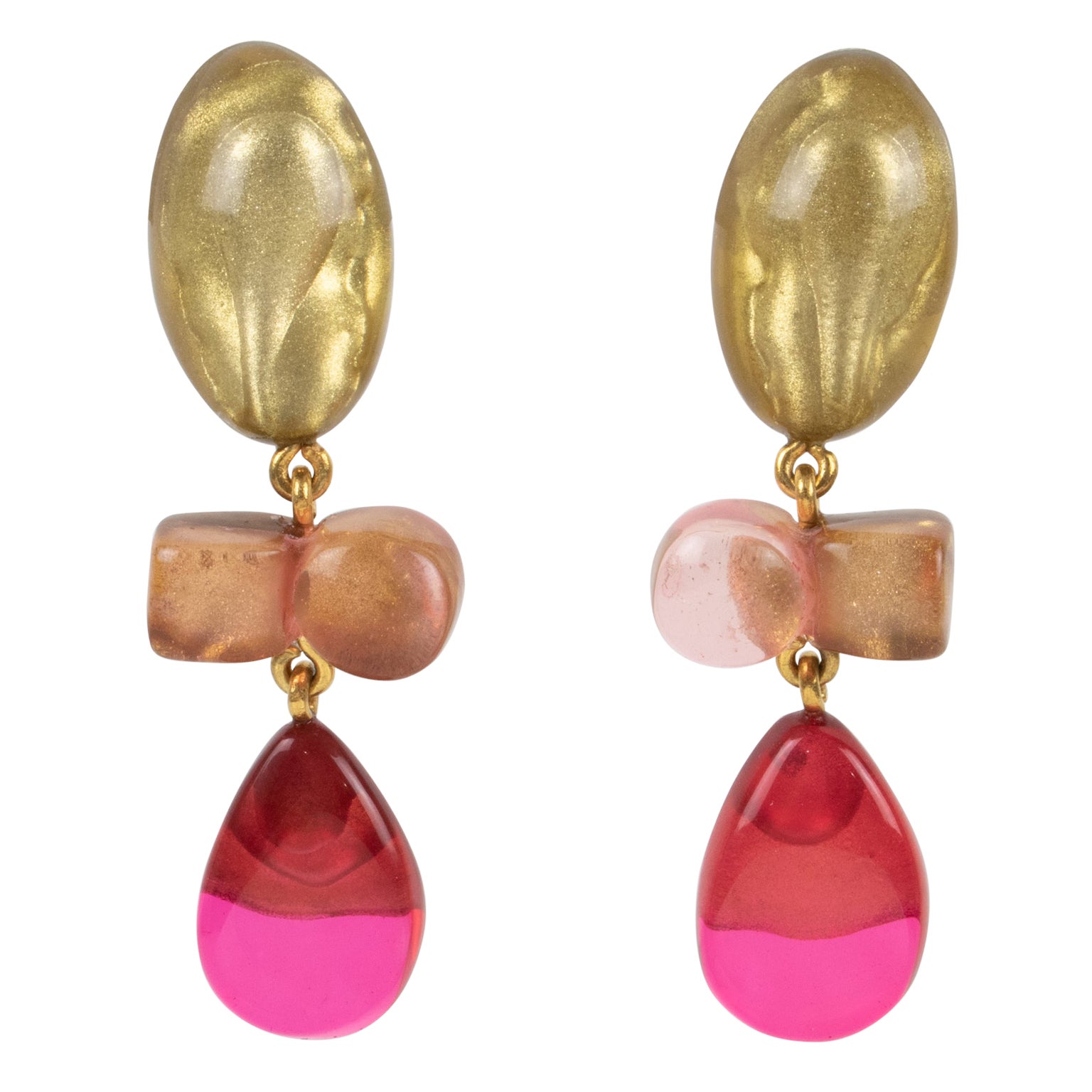 Dominique Denaive Paris Gold, Pink and Fuchsia Resin Dangle Clip Earrings For Sale