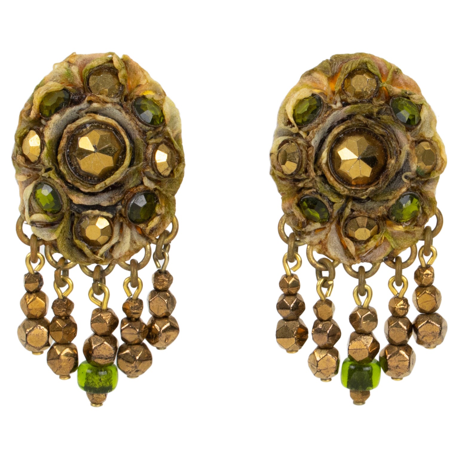 Henry Perichon Talosel Resin Clip Earrings with Bronze and Green Cabochons For Sale
