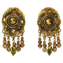 Henry Perichon Talosel Resin Clip Earrings with Bronze and Green Cabochons