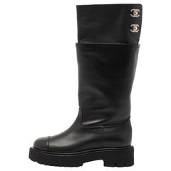 Chanel Black Leather CC Crystal Embellished Knee Length Boots Size 38