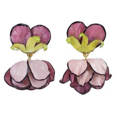 Francoise Montague by Cilea Dangle Resin Clip Earrings Purple-Pink Poppy Flower
