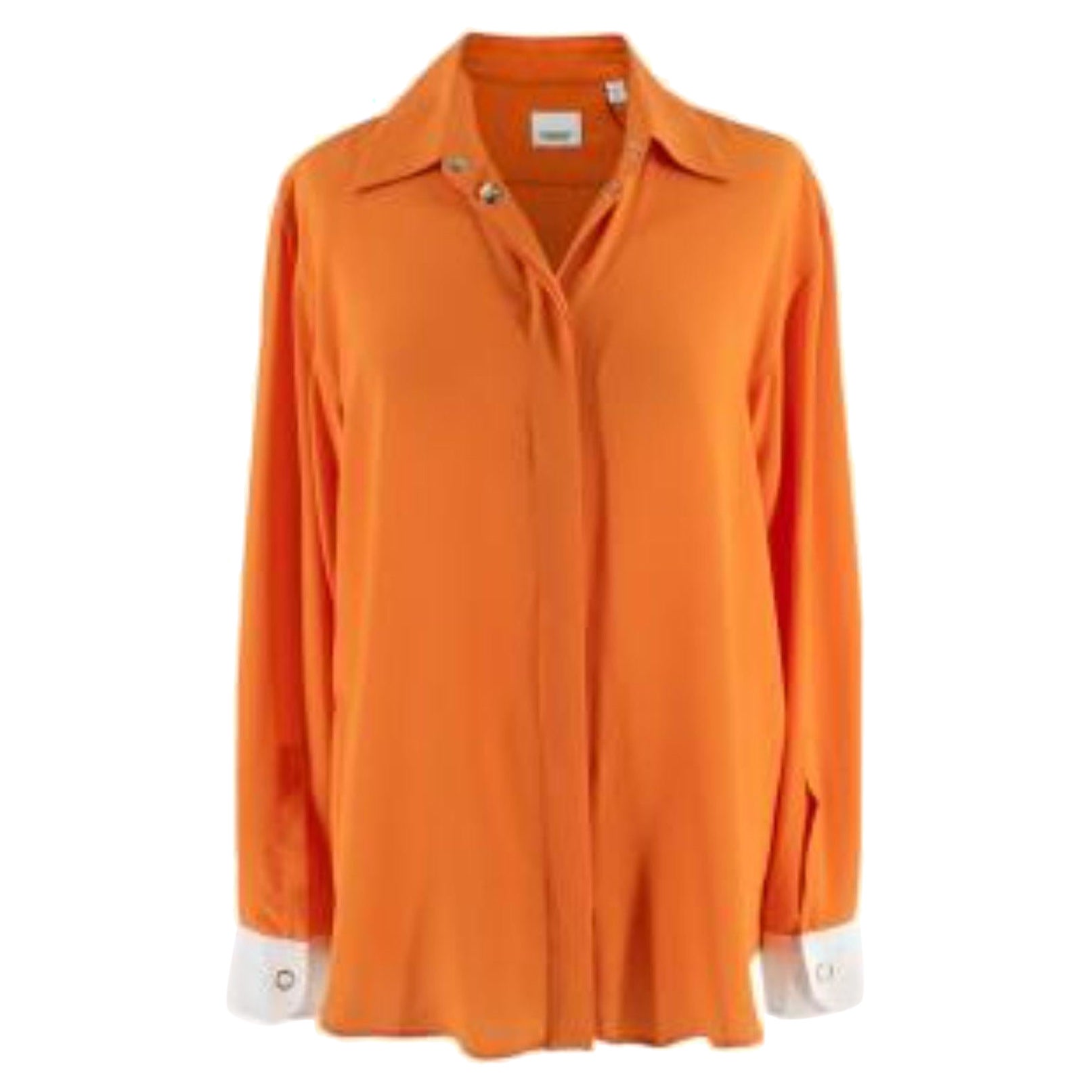 Burberry Contrast Cuff Orange Silk Button Up Shirt For Sale