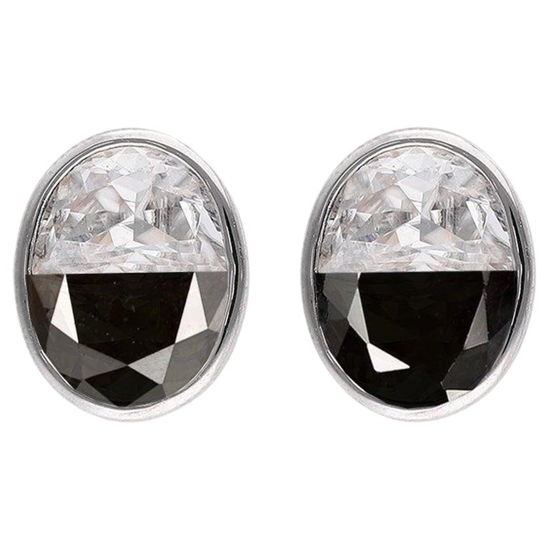 Ying Yang Studs - Black Sapphire & White Moissanite, Silver, Tension setting For Sale