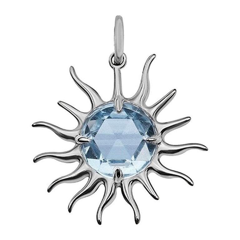 Rose Cut Blue Sapphire Sun Pendant, Silver with Paper-Link Chain For Sale