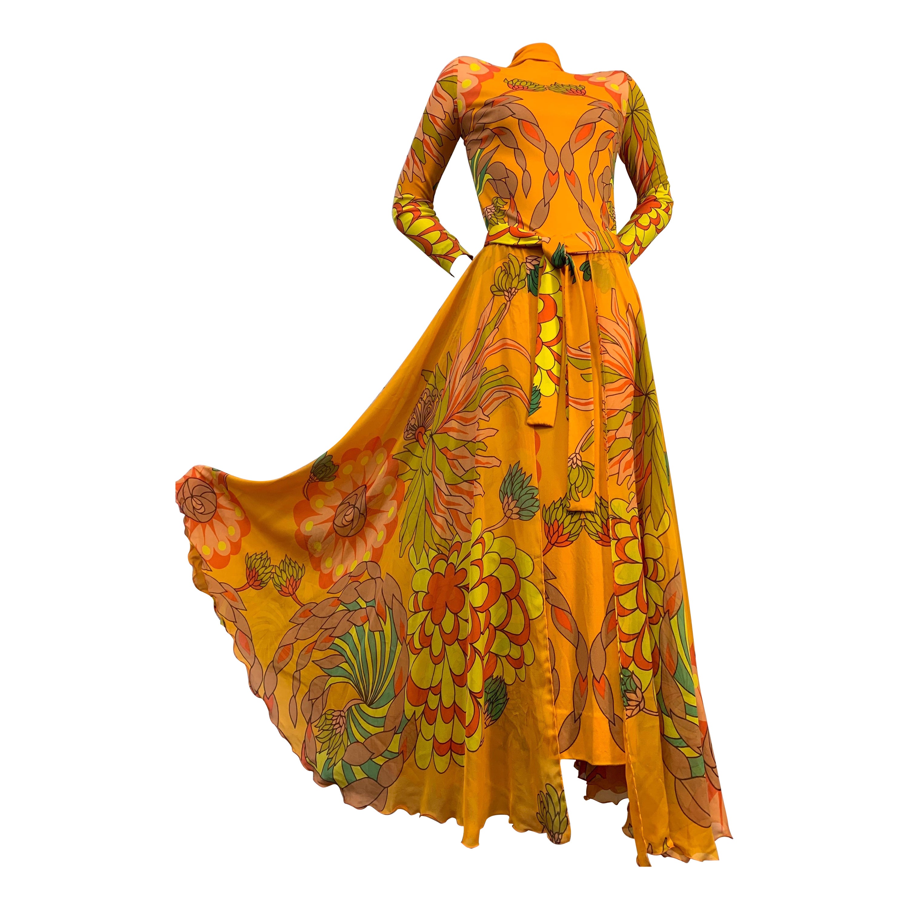 1970s La Mendola "Magic Dress" in Tropical Print Silk Jersey & Chiffon